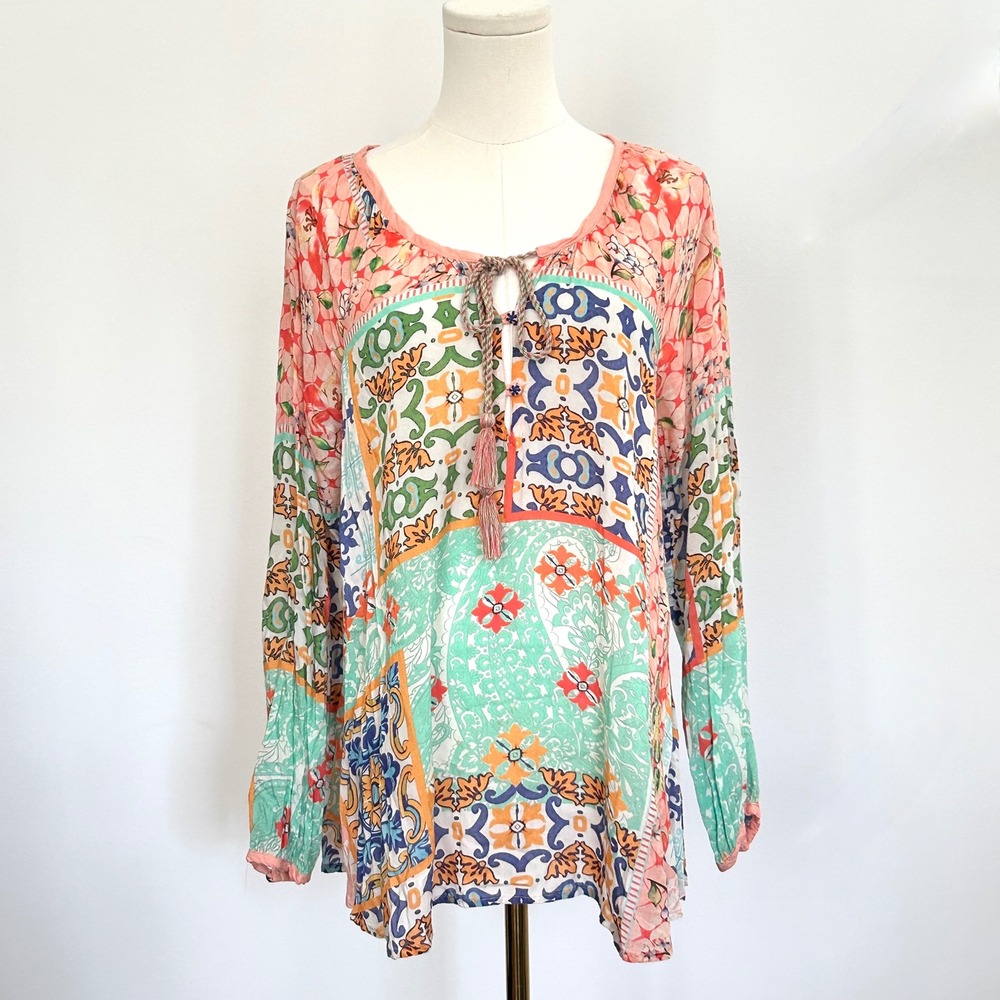 Feathers by Tolani M Modal Patchwork Floral Tassel Tunic Top Indie Embroidered